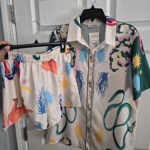 Elings Women's Multicolor Button Down Shirt & Short Set- Large